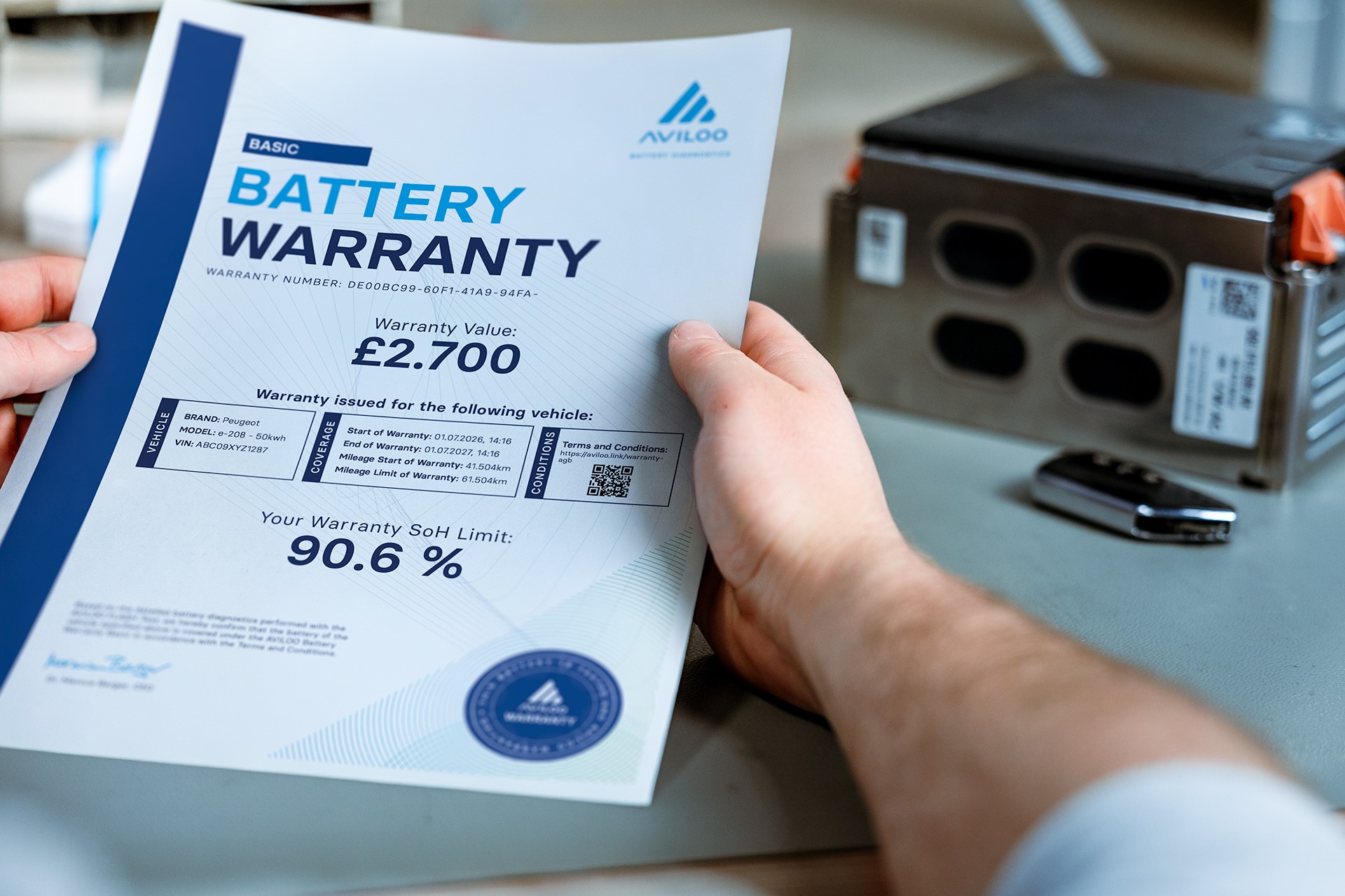 AVILOO Battery Warranty certificate showing the warranty value and battery state-of-health limit